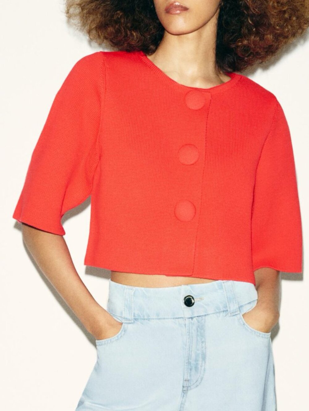 Zara Red Cropped Knit Cardigan